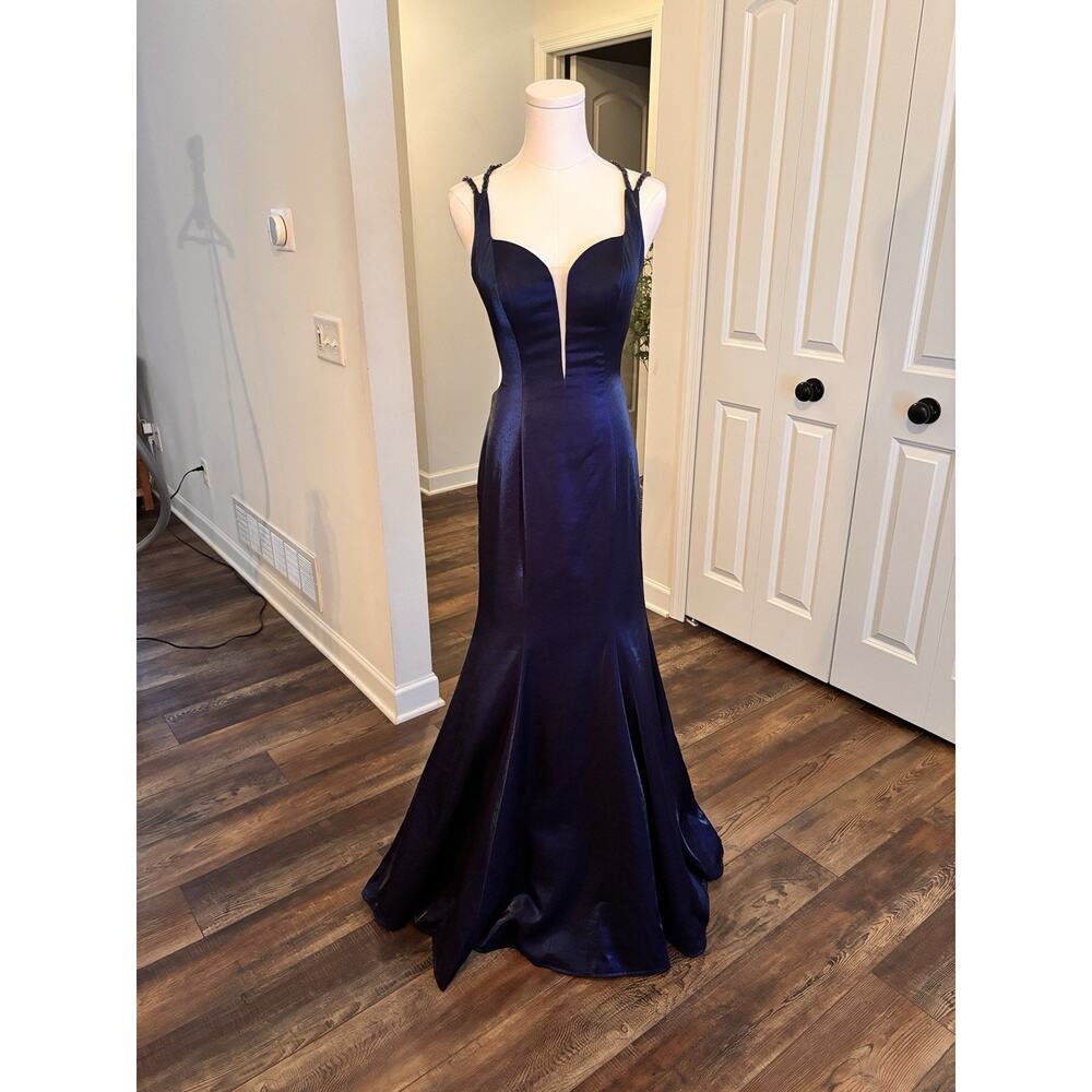 La Femme Y2K Blue Mermaid Flair Evening Gown Formal Prom Dress Illusion Plunge 6 - Picture 5 of 12